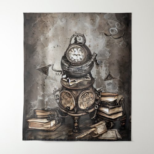 Ornate Steampunk Cauldron  Spellbooks and Clocks Tapestry