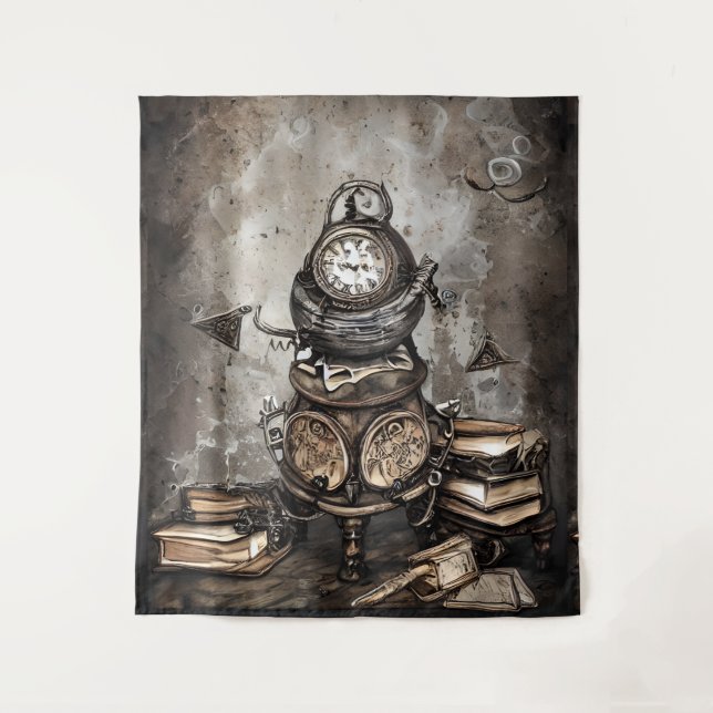 Ornate Steampunk Cauldron | Spellbooks and Clocks Tapestry (Front)