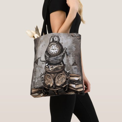 Ornate Steampunk Cauldron  Spellbooks and Clocks Tote Bag