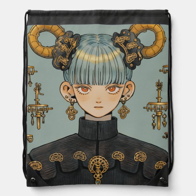 Ornate Steampunk Fantasy Anime Girl Drawstring Bag (Front)