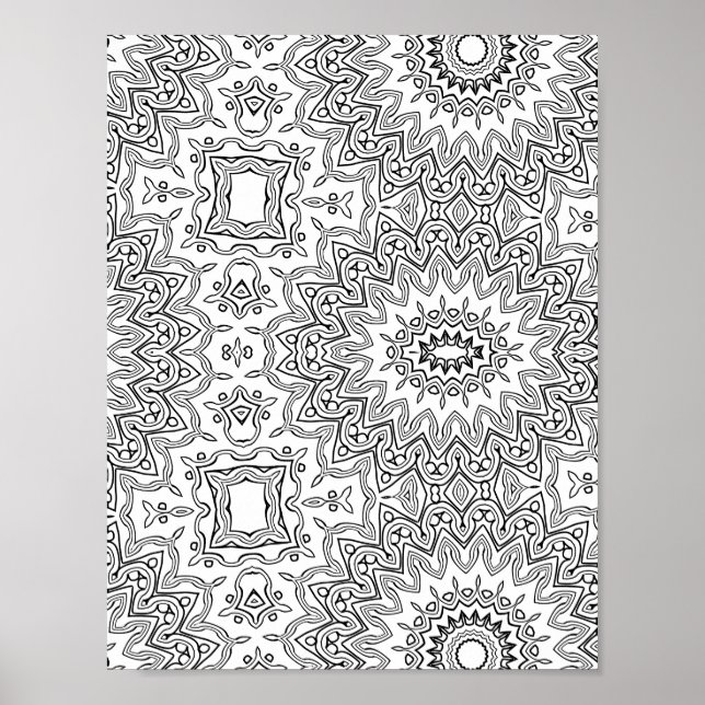 Ornate Sunburst Mandala Pattern Coloring Page Art Poster (Front)