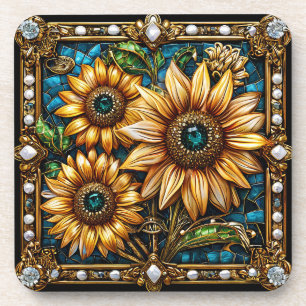 Ornate Sunflower Artwork Framed in Gold Beverage Coaster