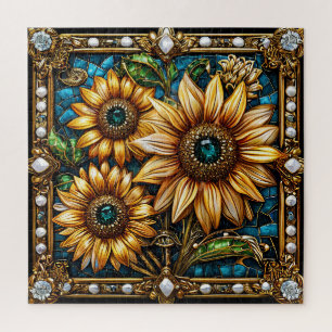 Ornate Sunflower Artwork Framed in Gold Jigsaw Puzzle