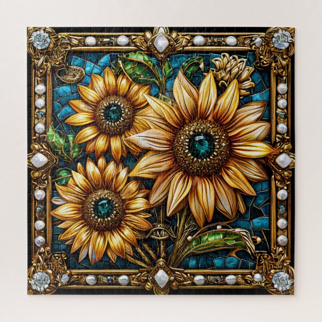 Ornate Sunflower Artwork Framed in Gold Jigsaw Puzzle (Vertical)