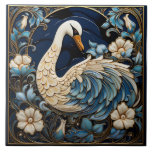 Ornate Swan, Blue and White, Bird & Flowers Ceramic Tile<br><div class="desc">This ceramic tile features a painted traditional decorative illustration of a beautiful swan in an ornate style. The design, rendered in blue and white with dark gold and light beige accents, includes elements of relief sculpture and motifs of birds and flowers. Whether you're looking to add a touch of elegance...</div>