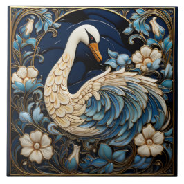 Ornate Swan, Blue and White, Bird & Flowers Ceramic Tile