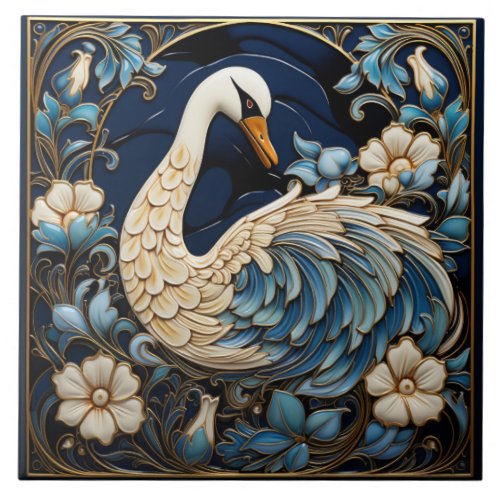 Ornate Swan Blue and White Bird  Flowers Ceramic Tile