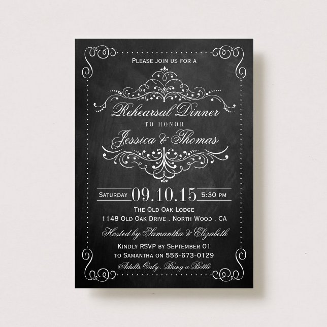 Ornate Swirl Chalkboard Wedding Rehearsal Dinner Invitation (Creator Uploaded)