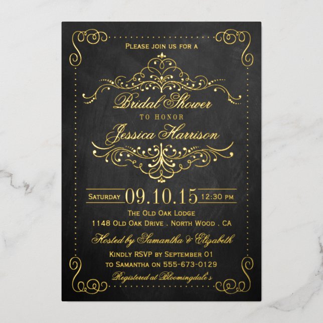Ornate Swirls Chalkboard Bridal Shower Real Foil Invitation (Front)