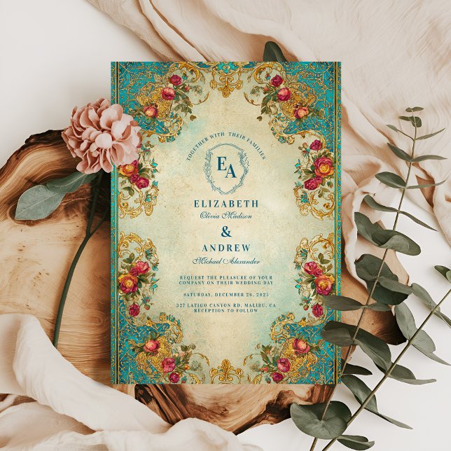 Ornate Teal and Gold Garden Wedding Invitation (Creator Uploaded)