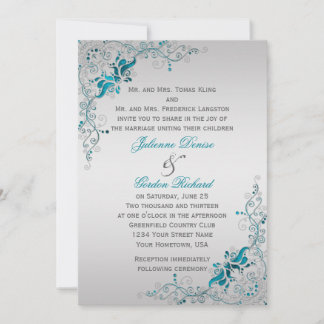 Ornate Teal and Silver Floral Swirls Weddings Invitation