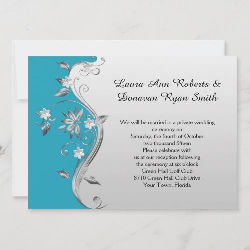 Ornate Teal Blue and Silver Floral Reception Only Invitation