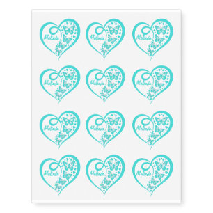 Ornate Teal Heart & Butterflies With Name Temporary Tattoos