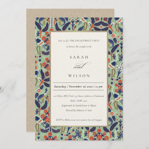 Ornate Teal Navy Classy Floral Peacock Engagement Invitation