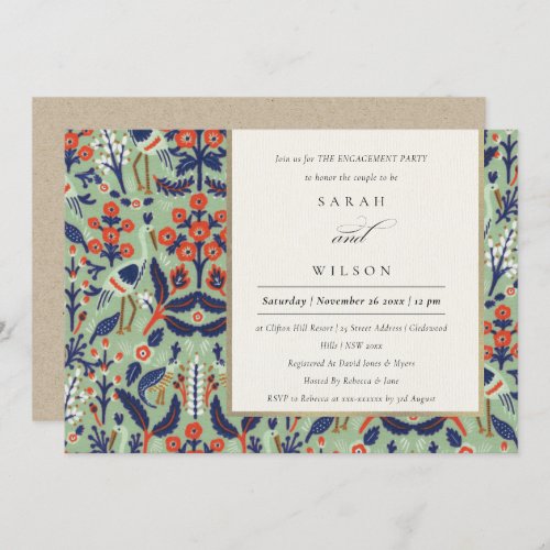 Ornate Teal Navy Classy Floral Peacock Engagement Invitation