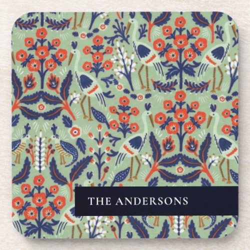 Ornate Teal Navy Classy Floral Peacock Pattern Beverage Coaster