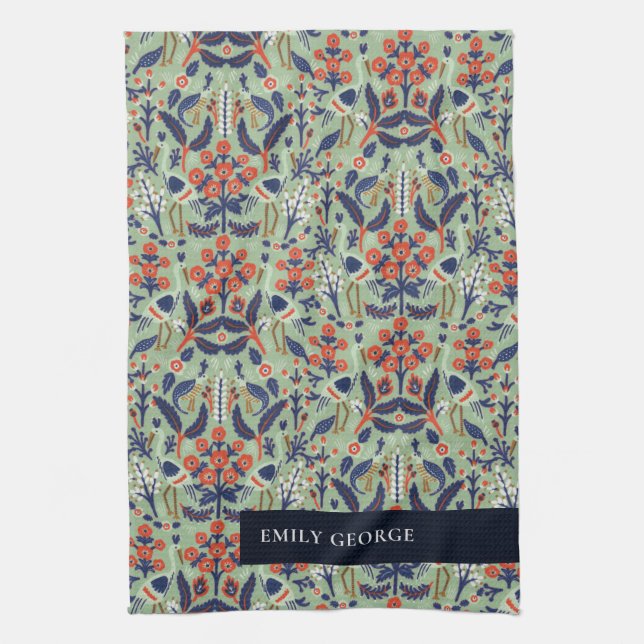 Ornate Teal Navy Classy Floral Peacock Pattern Kitchen Towel (Vertical)