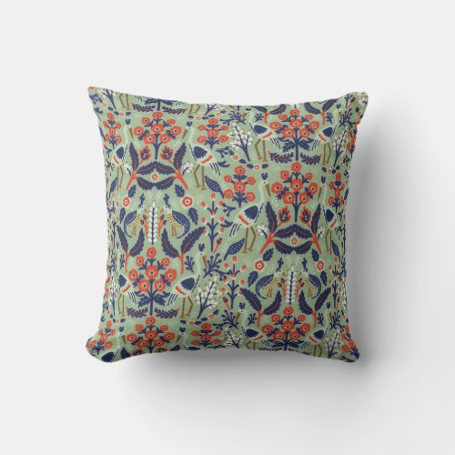 Ornate Teal Navy Classy Floral Peacock Pattern Throw Pillow