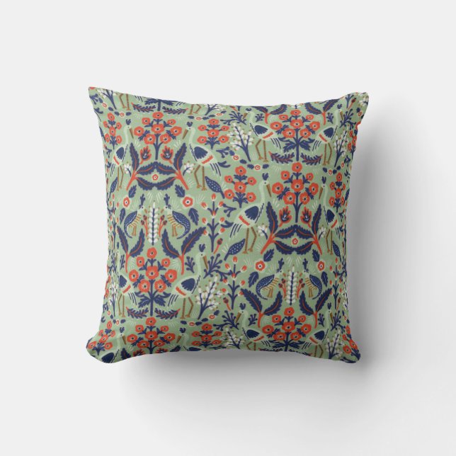 Ornate Teal Navy Classy Floral Peacock Pattern Throw Pillow (Front)