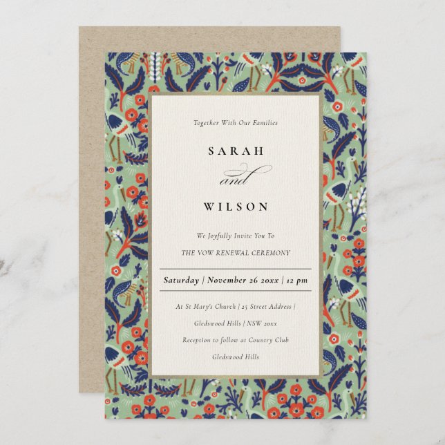 Ornate Teal Navy Classy Floral Peacock Vow Renewal Invitation (Front/Back)