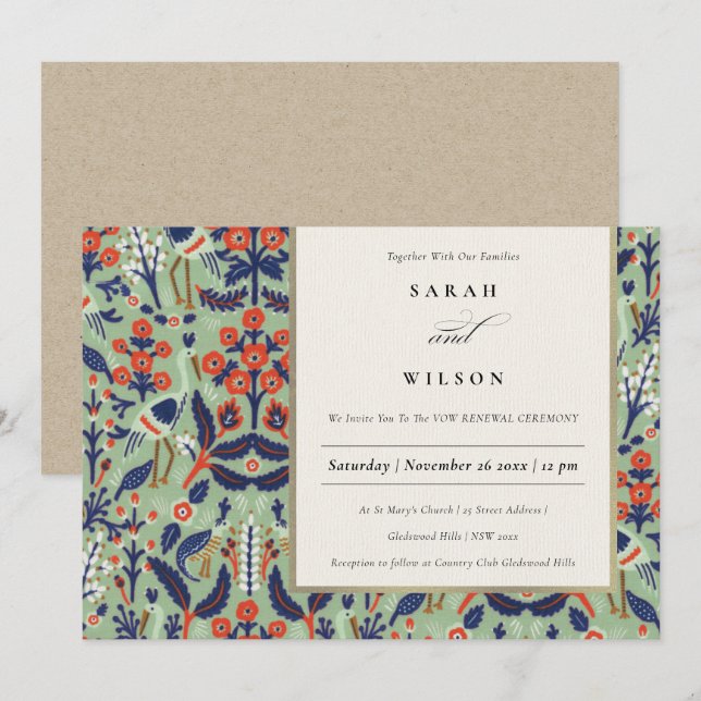 Ornate Teal Navy Classy Floral Peacock Vow Renewal Invitation (Front/Back)