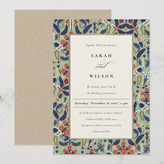Ornate Teal Navy Classy Floral Peacock Wedding Invitation (Front/Back)