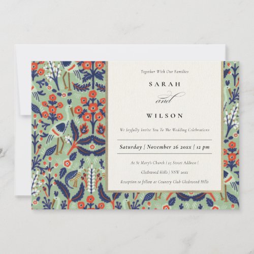 Ornate Teal Navy Classy Floral Peacock Wedding Invitation