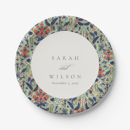 Ornate Teal Navy Classy Floral Peacock Wedding Paper Plates