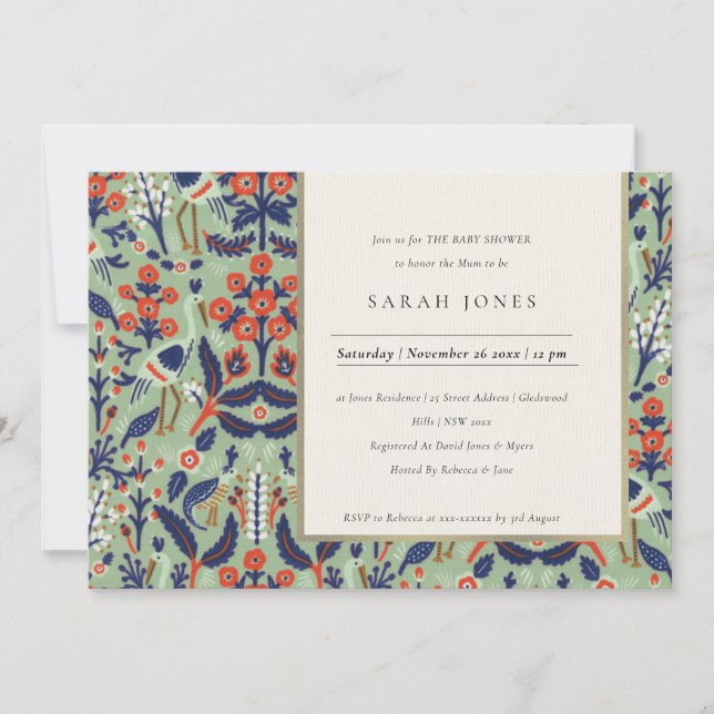 Ornate Teal Navy Floral Peacock Baby Shower Invite (Front)
