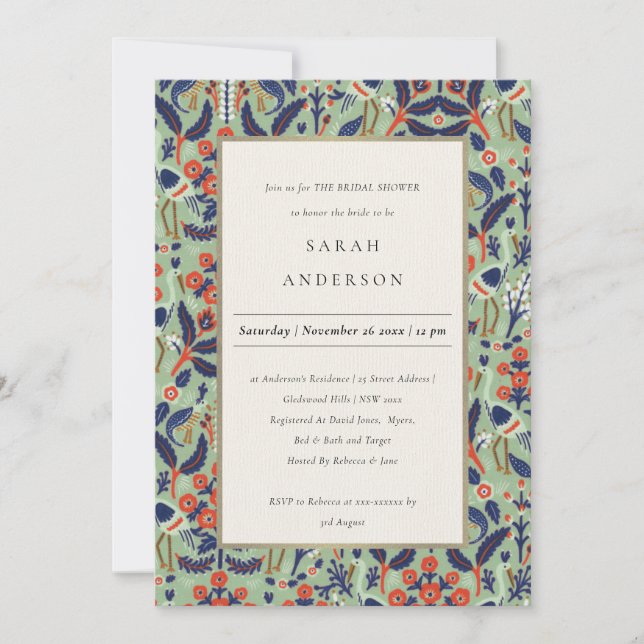 Ornate Teal Navy Floral Peacock Bridal Shower Invitation (Front)