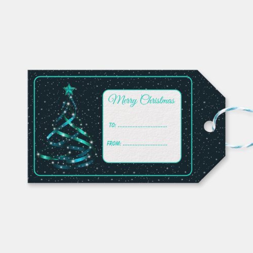 Ornate Teal Ribbon  Sparkles Christmas Tree Label