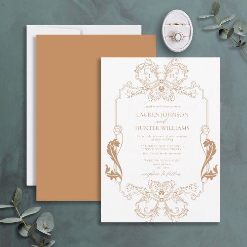 Ornate Terracotta Floral Line Art Monogram Wedding Invitation