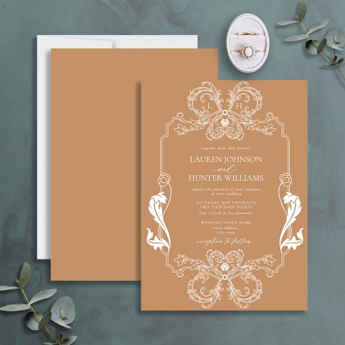 Ornate Terracotta Floral Line Art Monogram Wedding Invitation