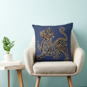 Ornate Tiger Night Stars Folk Art Design Throw Pillow