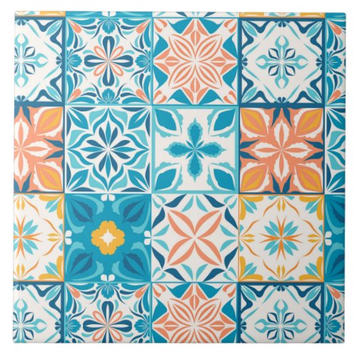 Ornate tiles in blue and orange