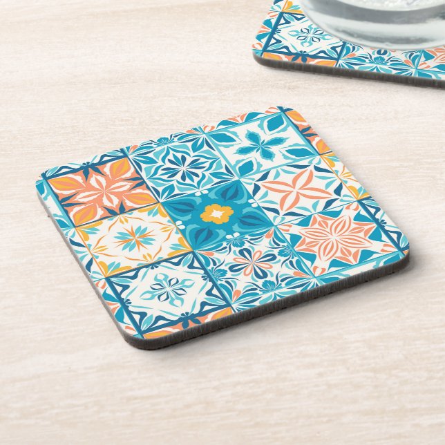 Ornate tiles in blue and orange beverage coaster (Left Side)