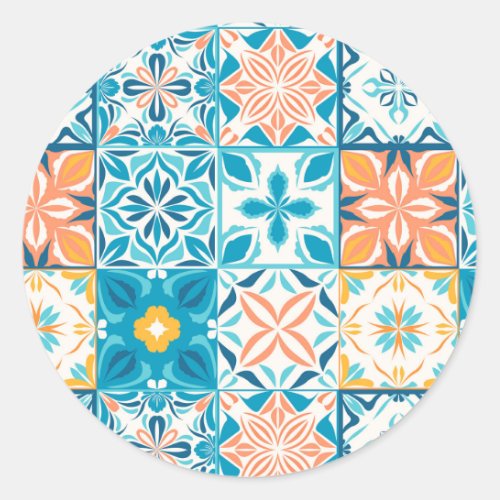 Ornate tiles in blue and orange classic round sticker