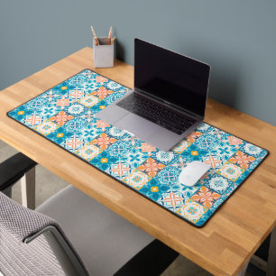 Ornate tiles in blue and orange desk mat