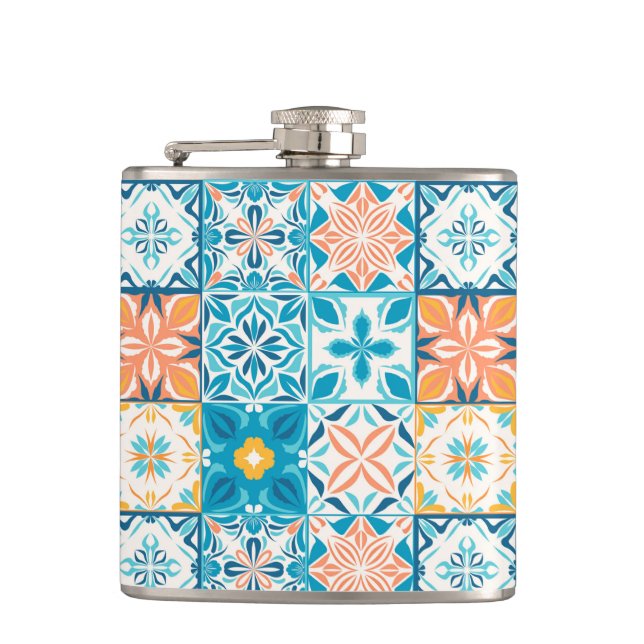 Ornate tiles in blue and orange flask (Front)