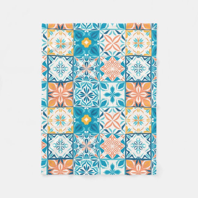 Ornate tiles in blue and orange fleece blanket (Front)