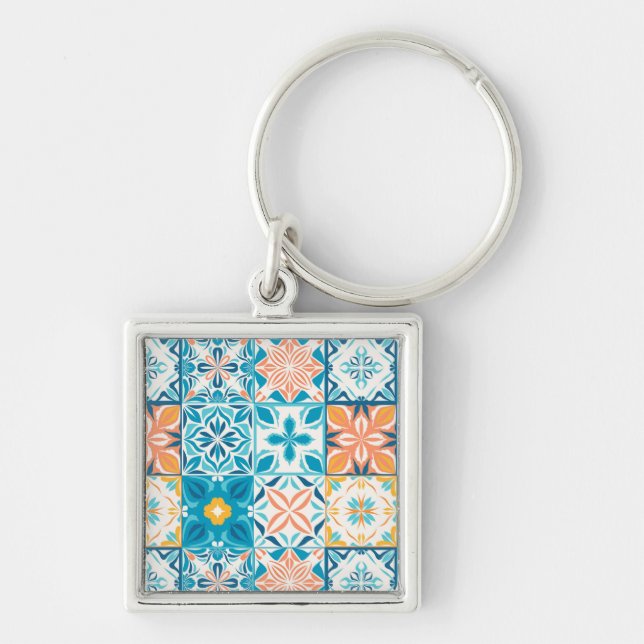 Ornate tiles in blue and orange keychain (Front)