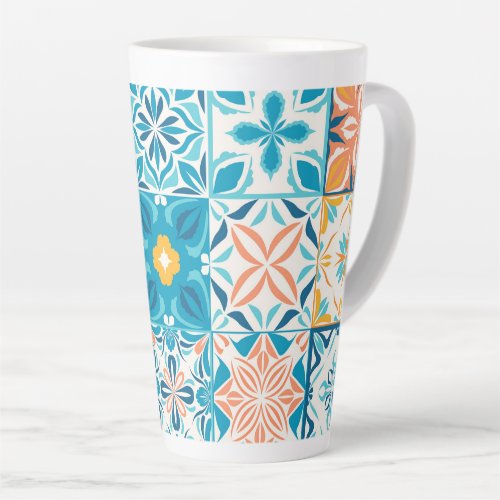 Ornate tiles in blue and orange latte mug