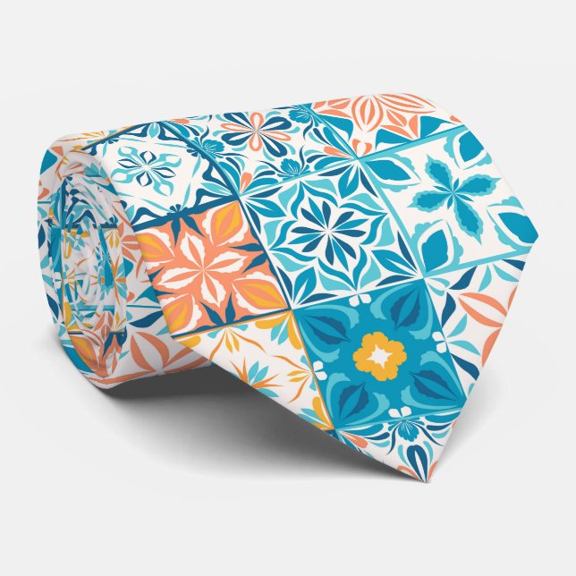 Ornate tiles in blue and orange neck tie (Rolled)