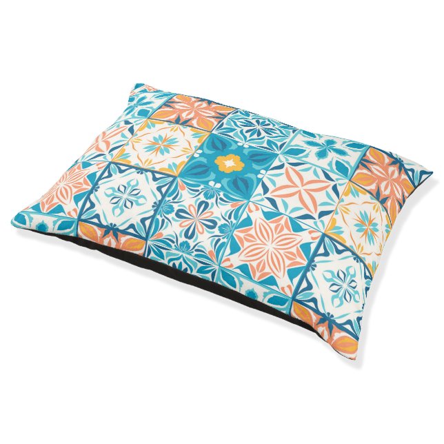 Ornate tiles in blue and orange pet bed (Angled)