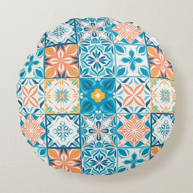 Ornate tiles in blue and orange round pillow (Front)