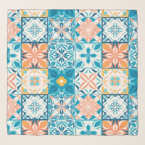 Ornate tiles in blue and orange scarf