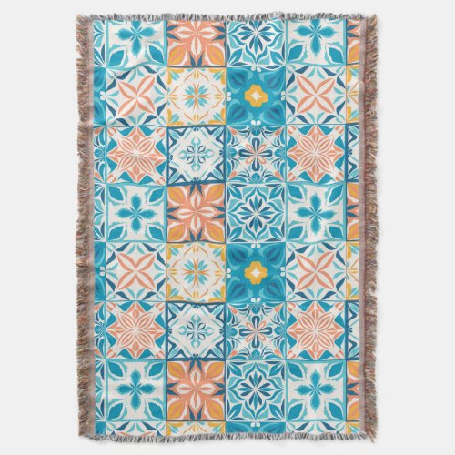 Ornate tiles in blue and orange throw blanket
