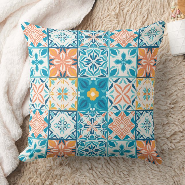 Ornate tiles in blue and orange throw pillow (Blanket)