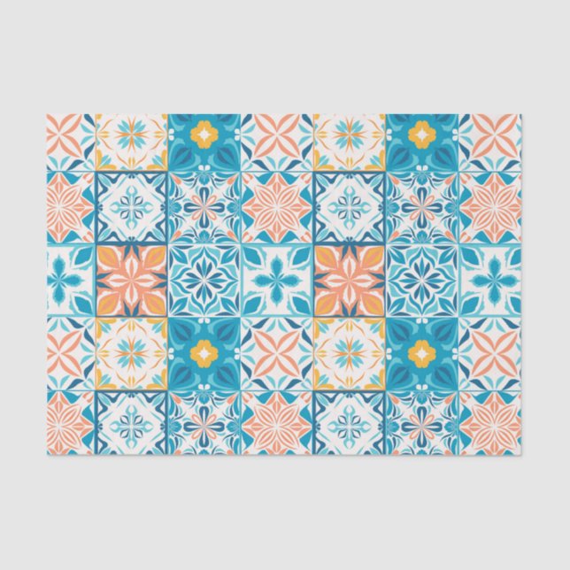 Ornate tiles in blue and orange tissue paper (Front)