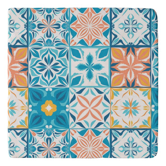 Ornate tiles in blue and orange trivet (Front)